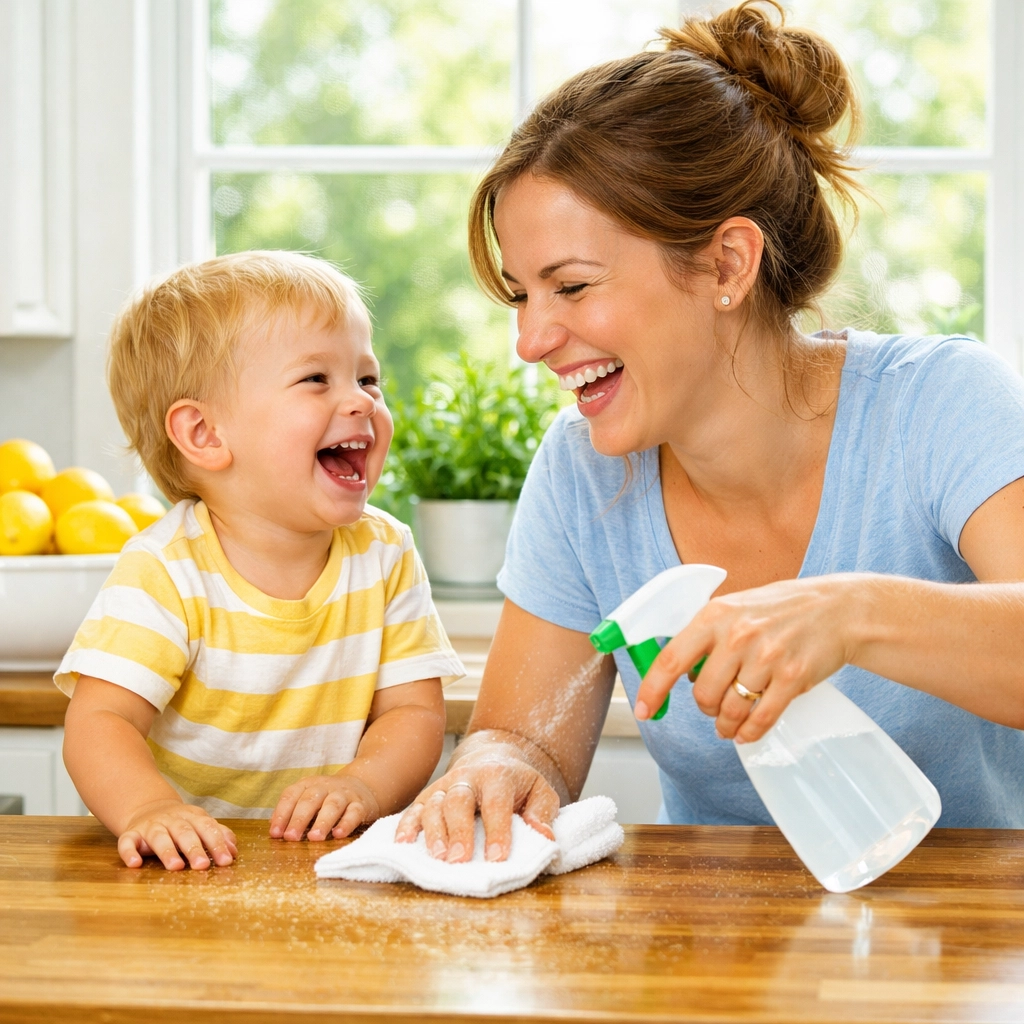 Mother and toddler cleaning a kitchen with plant-based products, promoting a family-friendly healthy lifestyle.