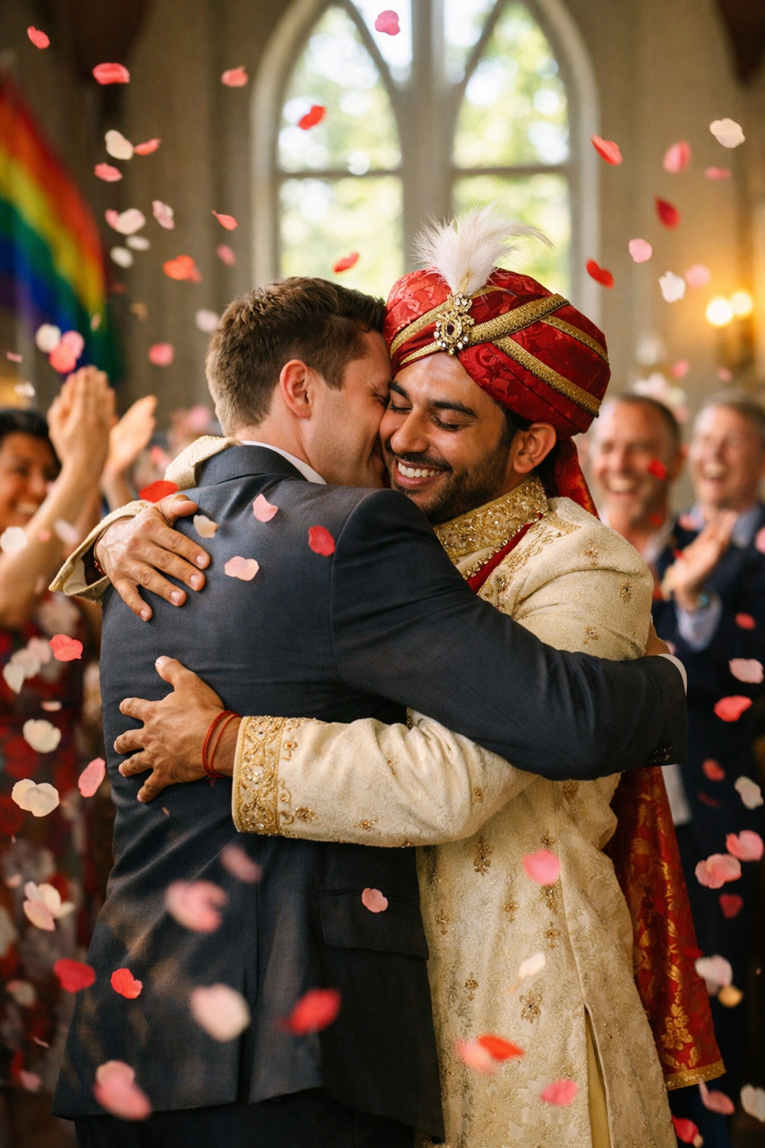 Gay wedding ceremony celebration in progressive church with two grooms embracing joyfully