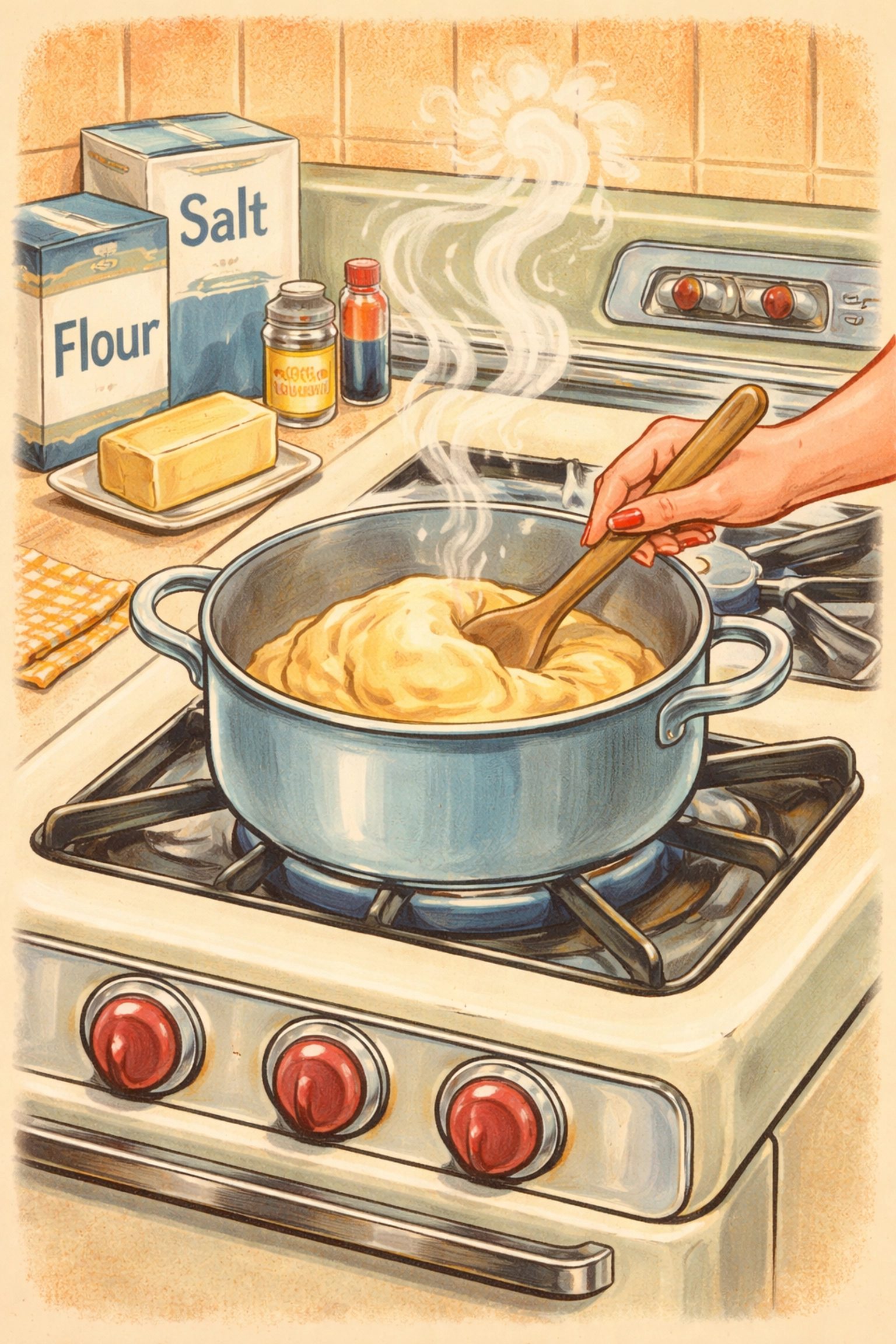 Cooking playdough mixture on a stovetop, showing the dough forming into a ball during the process