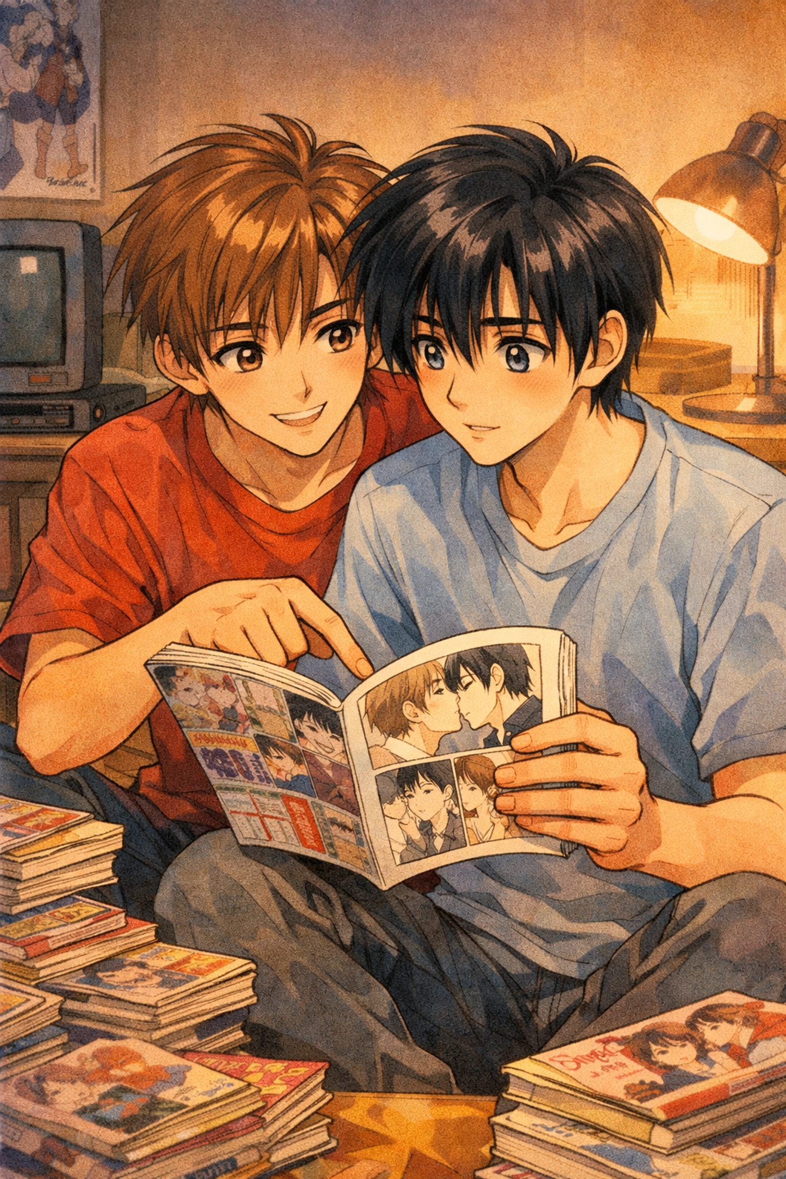 Two young men reading vintage manga books in a cozy 90s anime style illustration.