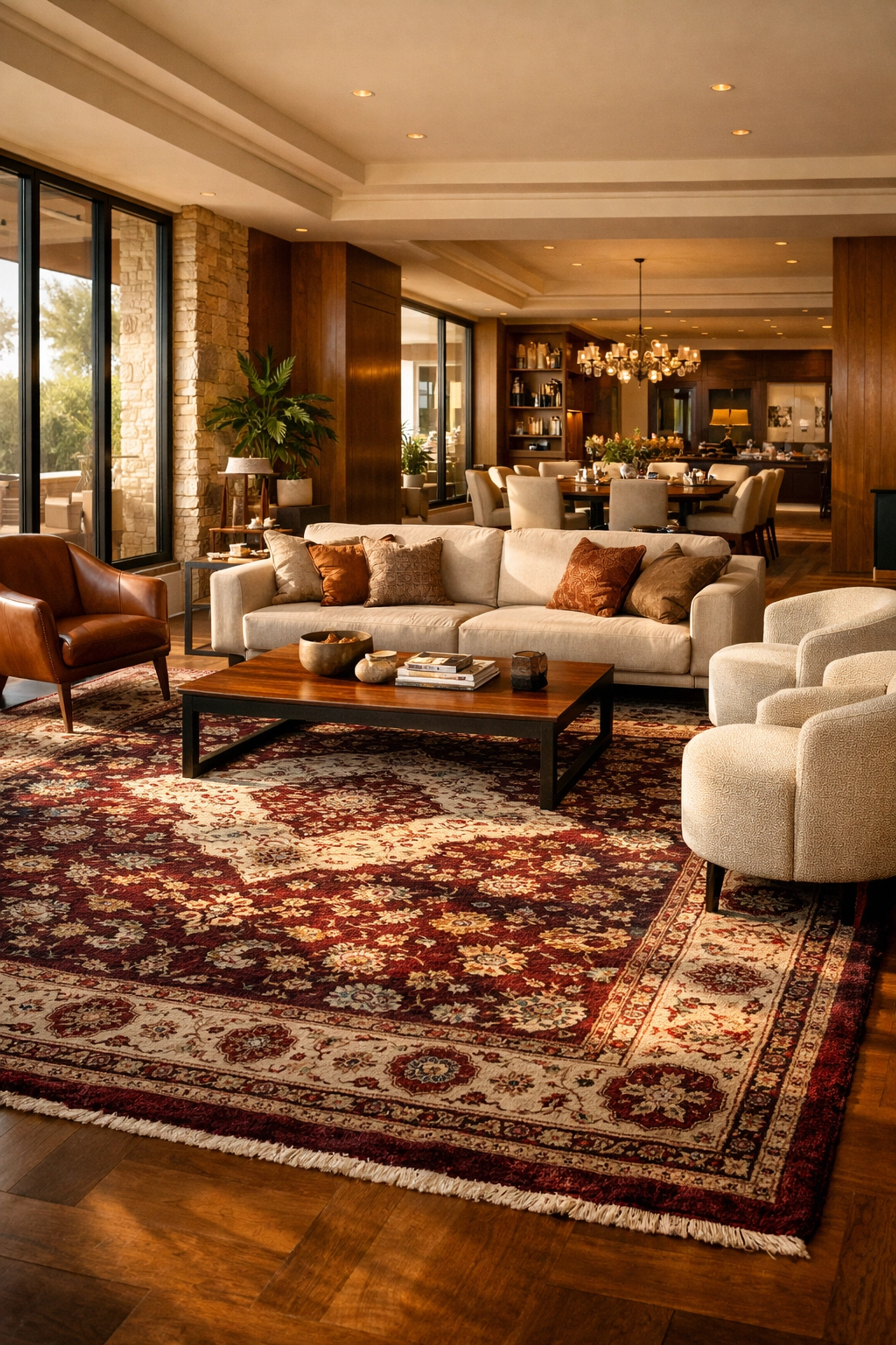 Large burgundy and cream Persian rug anchoring furniture in a sunlit open-plan living room.