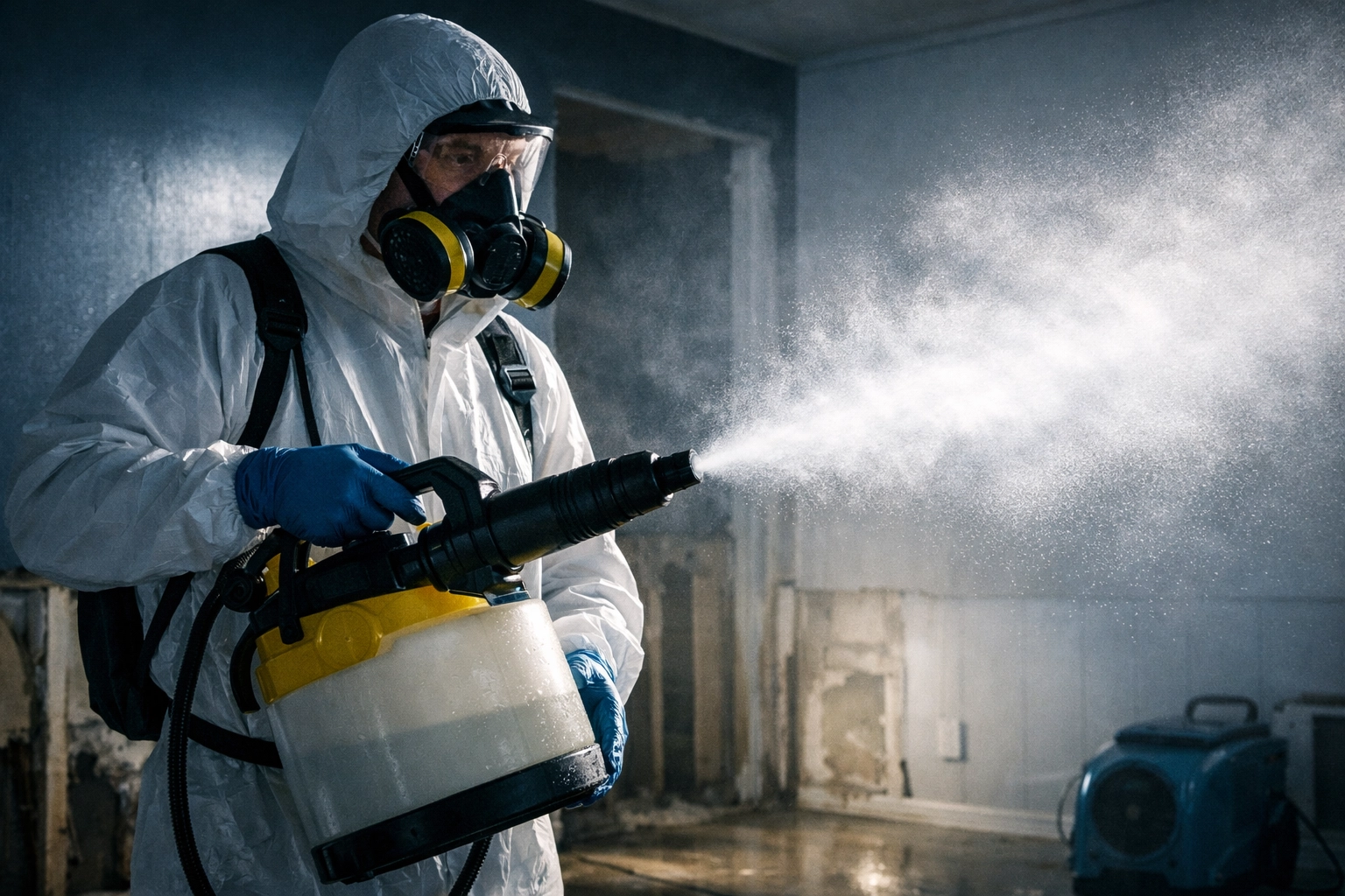 Professional water damage restoration specialist sanitizing and disinfecting flooded room