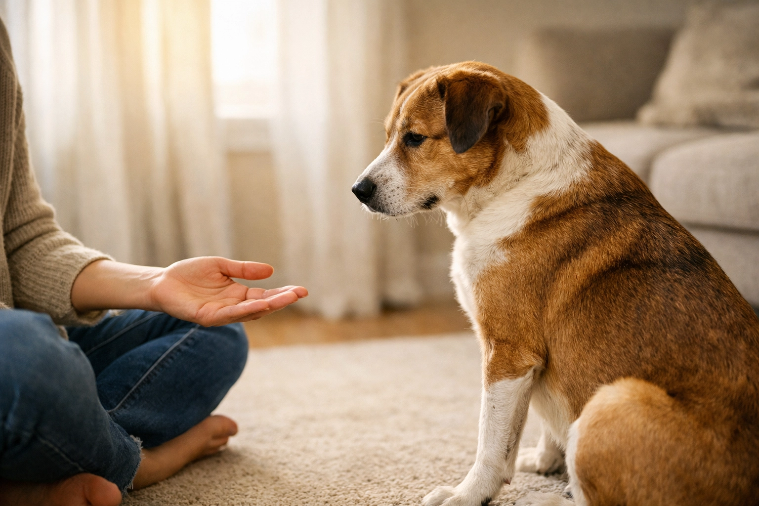 New rescue dog and owner building trust with patient, gentle approach in home