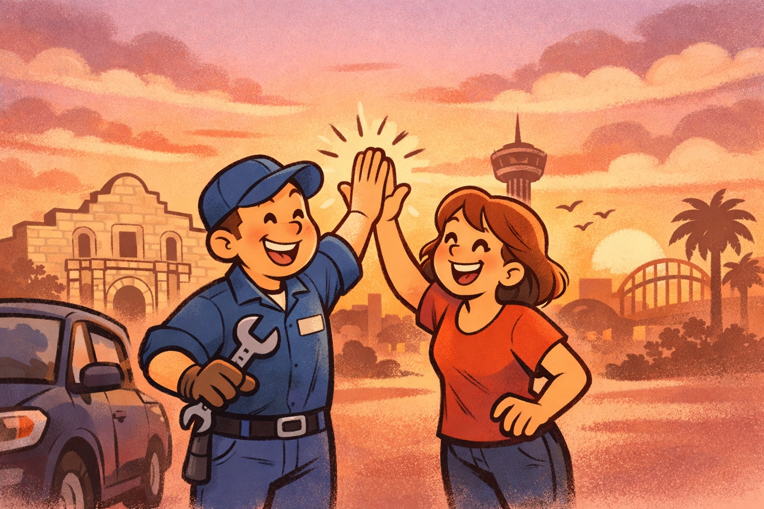 A friendly mechanic in San Antonio and a satisfied customer high-fiving after a successful car repair.