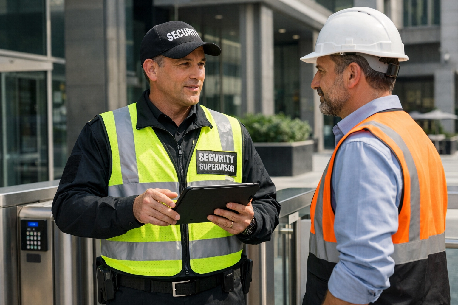 Security supervisor conducting a site audit with a manager to ensure bespoke safety and budget efficiency.