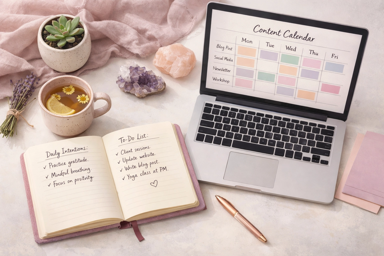 Organized wellness business workspace with content calendar, journal, and tea for strategic marketing planning