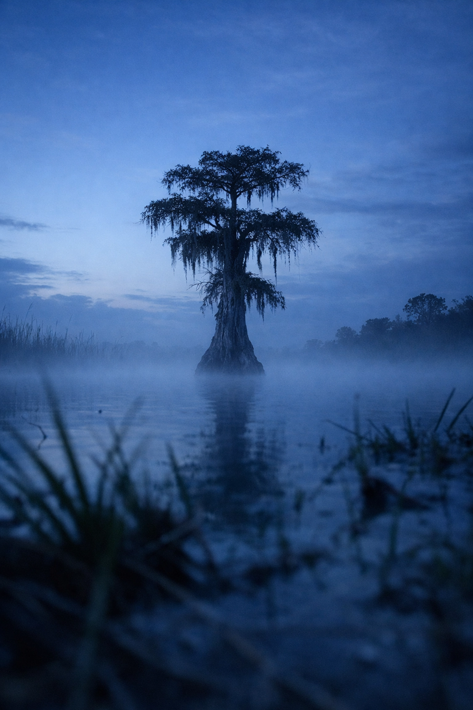 Ethereal photography of a misty cypress tree in the Florida Everglades at dawn.