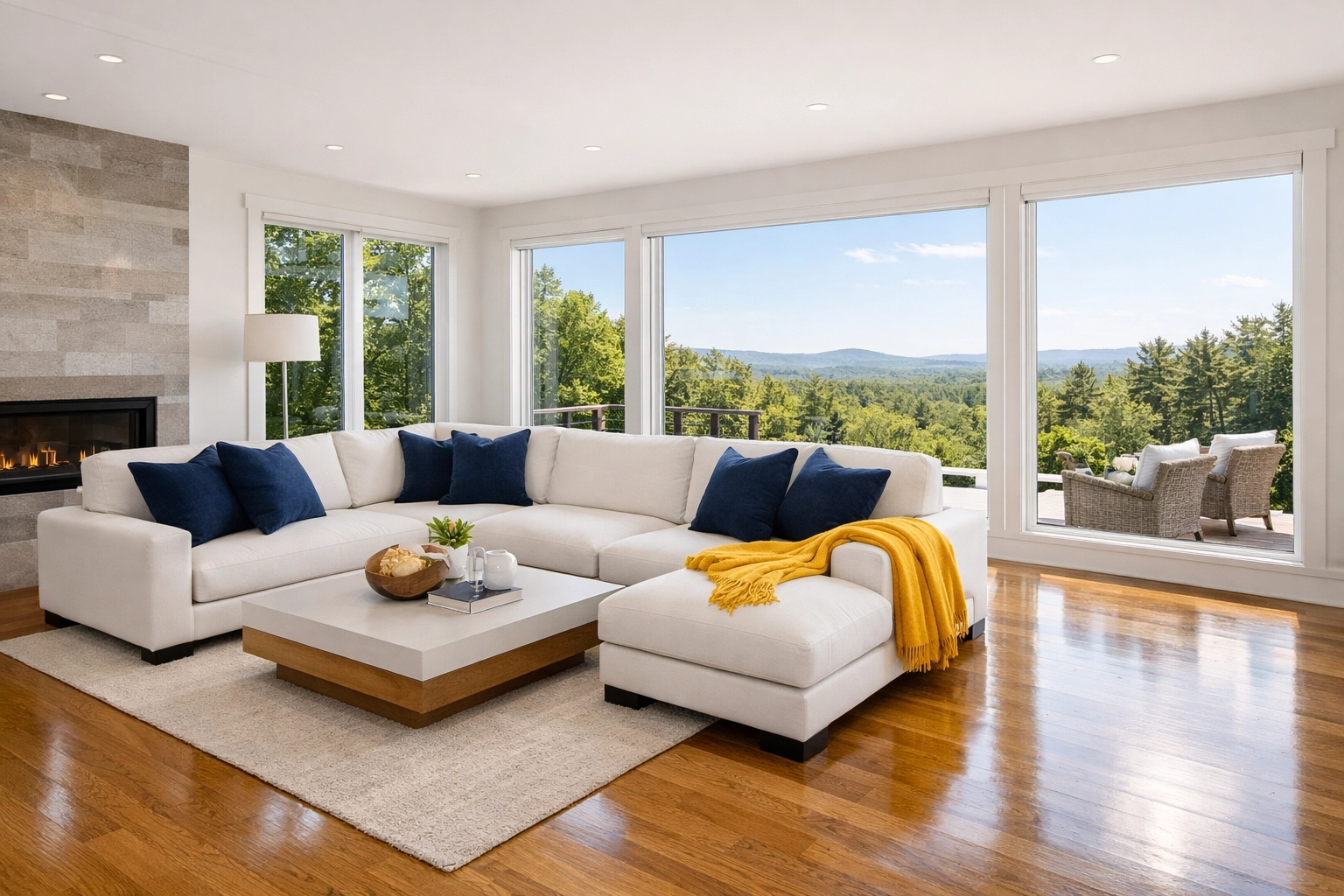 Sun-drenched modern living room in Townsend MA after a professional house cleaning service.