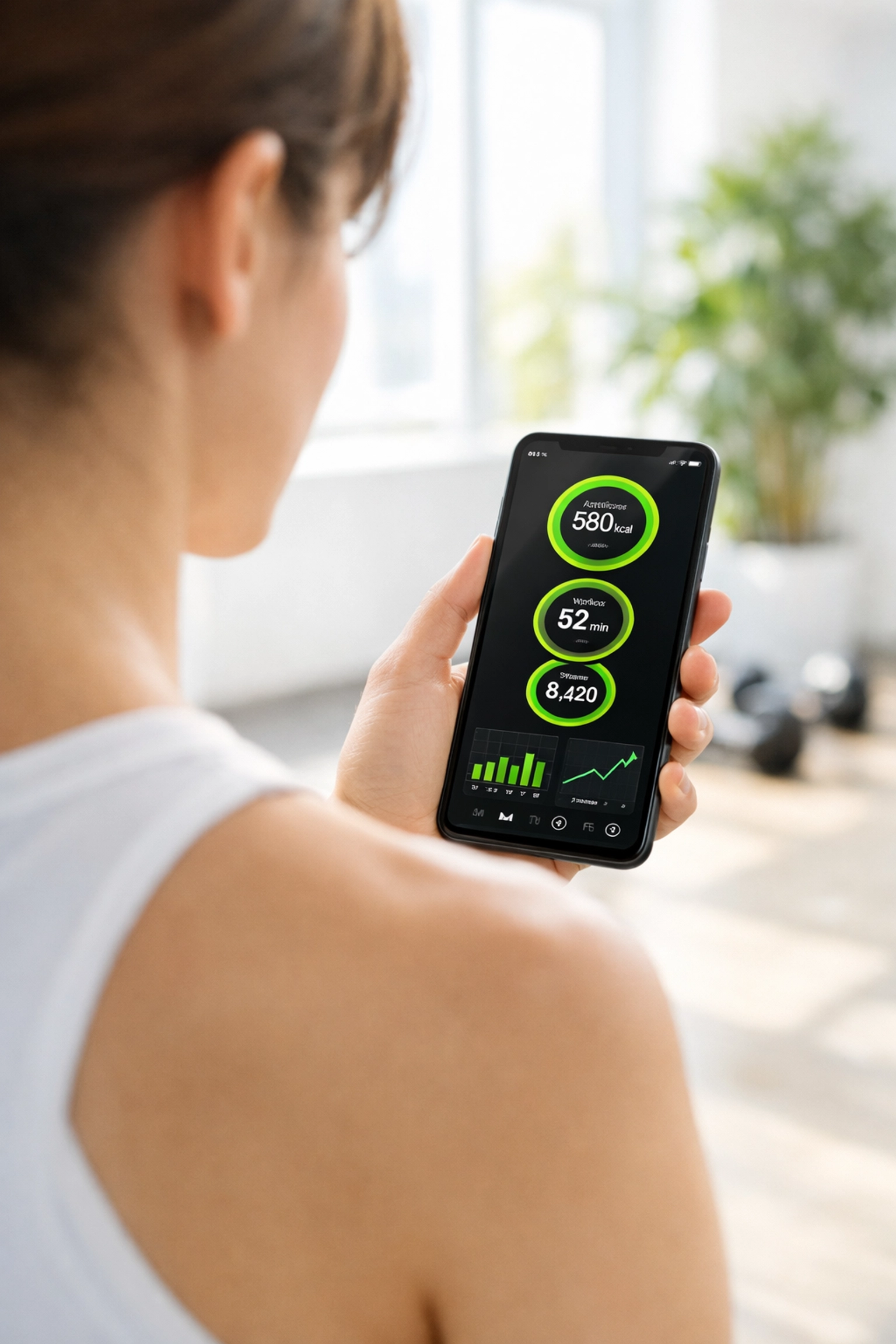 Gym member tracking fitness progress on a custom mobile app in a bright, modern fitness studio.
