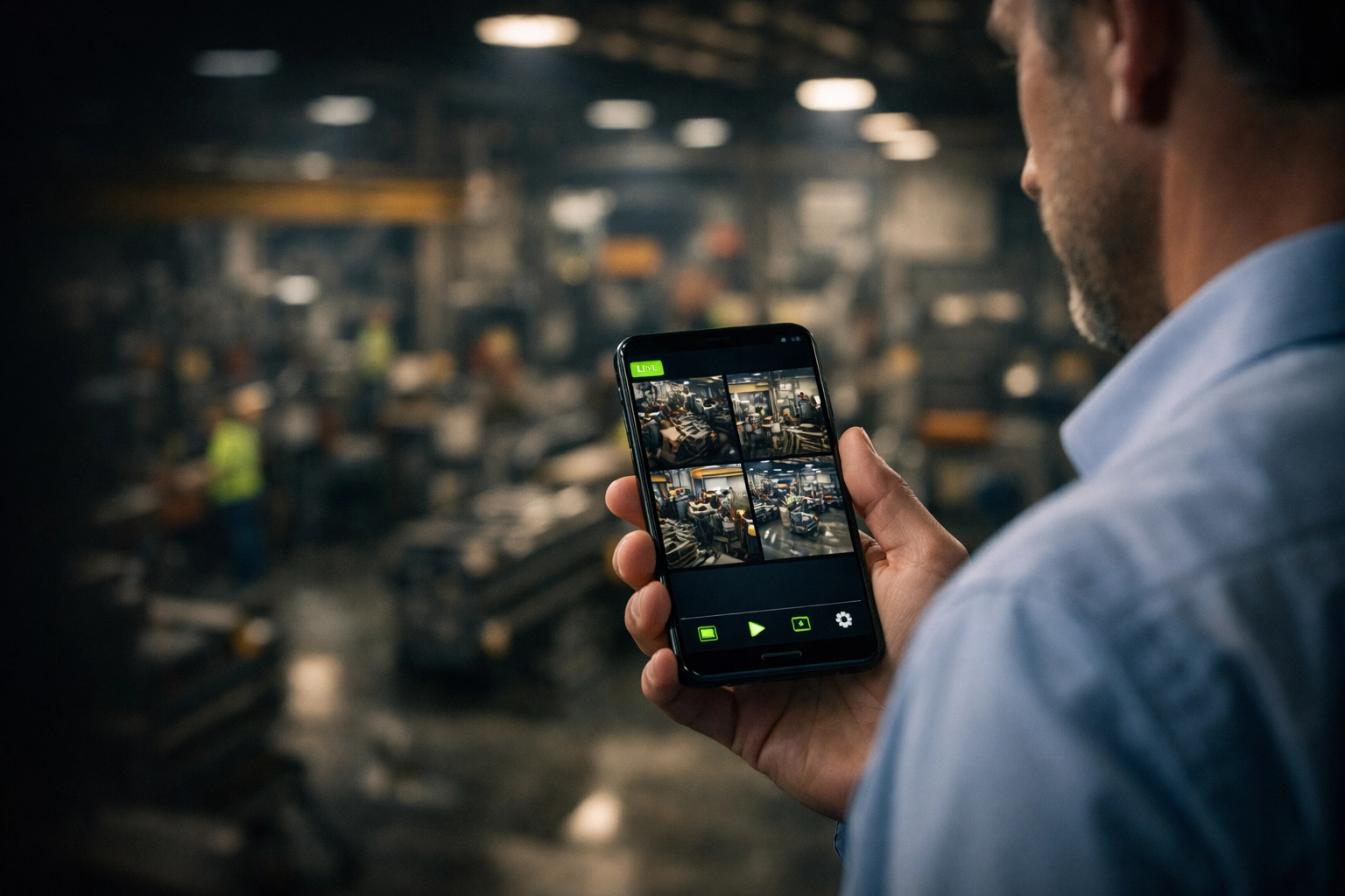 Manager using the UniFi Protect app to monitor high-definition security camera feeds in a Midwest warehouse.
