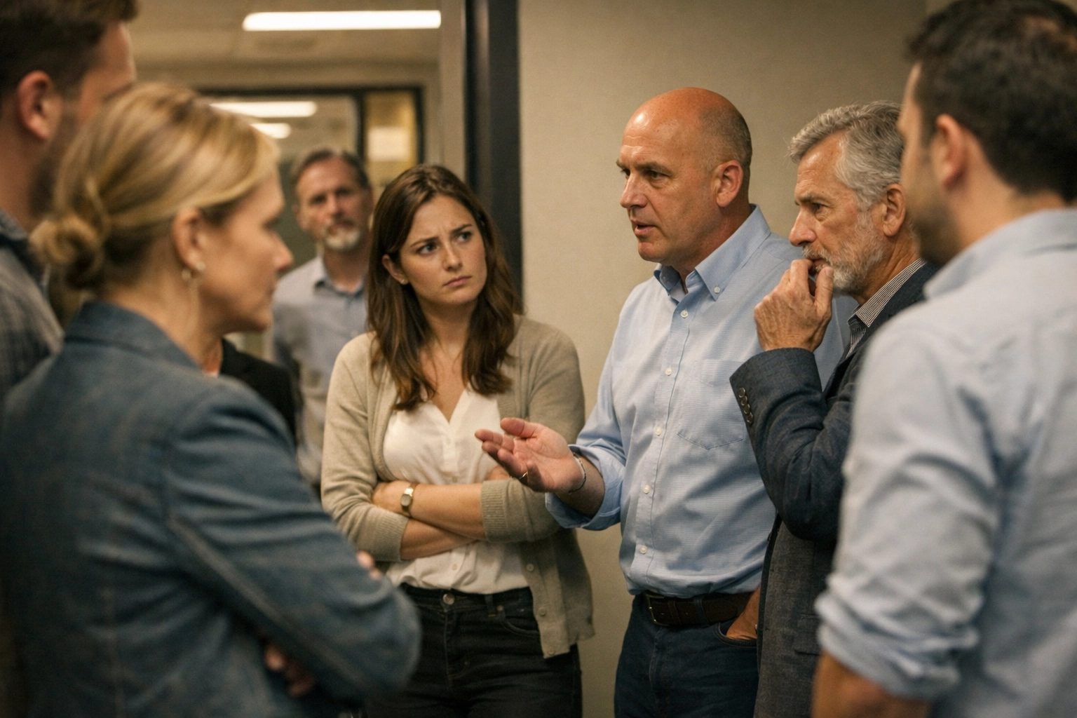 Business stakeholders discussing internal politics affecting sales decisions