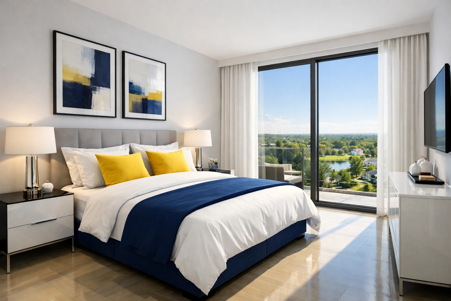 A spotless modern apartment bedroom showing the results of consistent weekly house cleaning Southborough.
