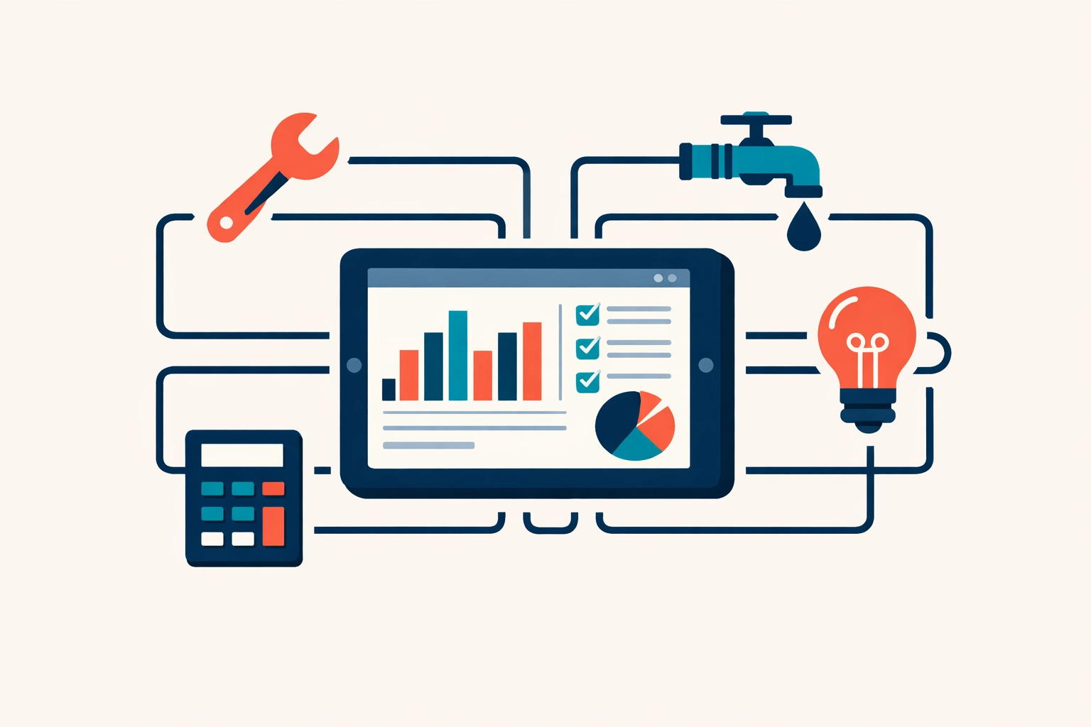 Unified digital dashboard connecting plumbing and electrical operations with accounting tools.