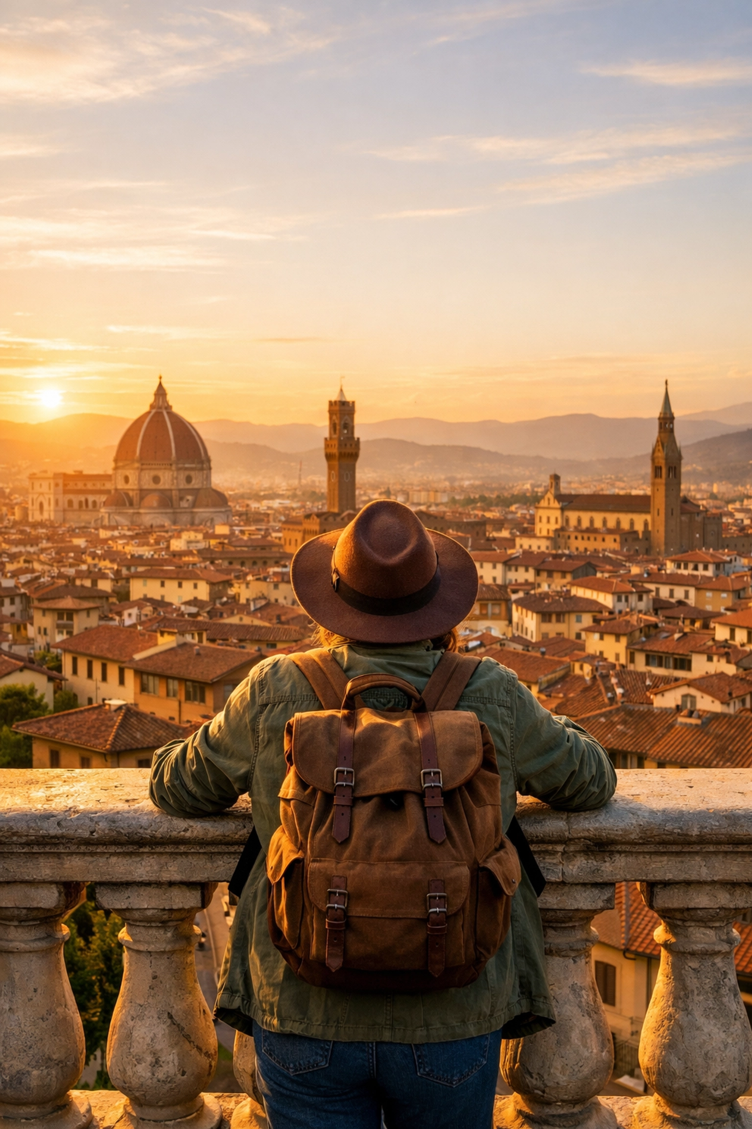 Traveler enjoying a peaceful sunrise view over Florence rooftops during a restorative slow travel vacation.