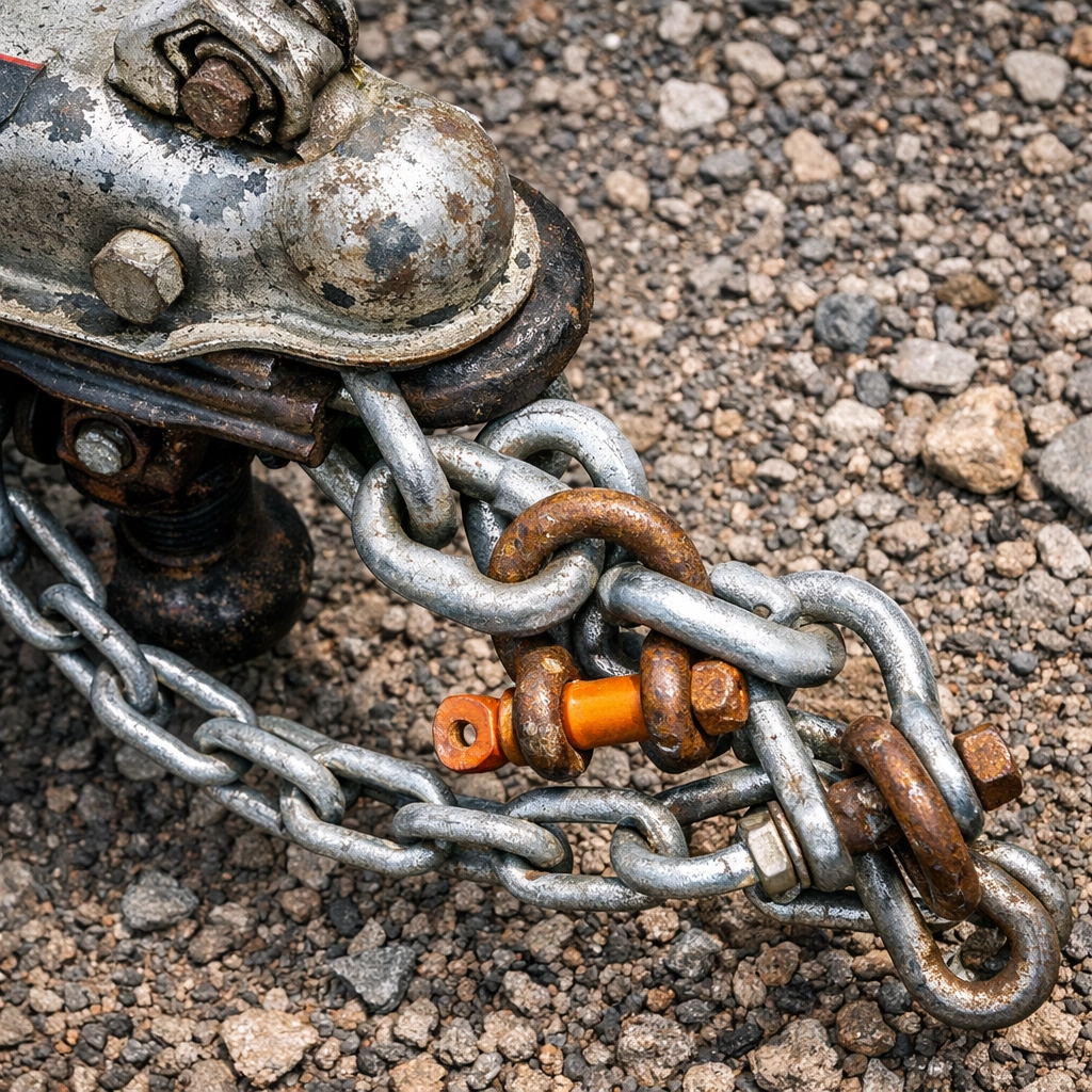 Incorrect trailer safety chain setup with multiple d shackles daisy-chained together