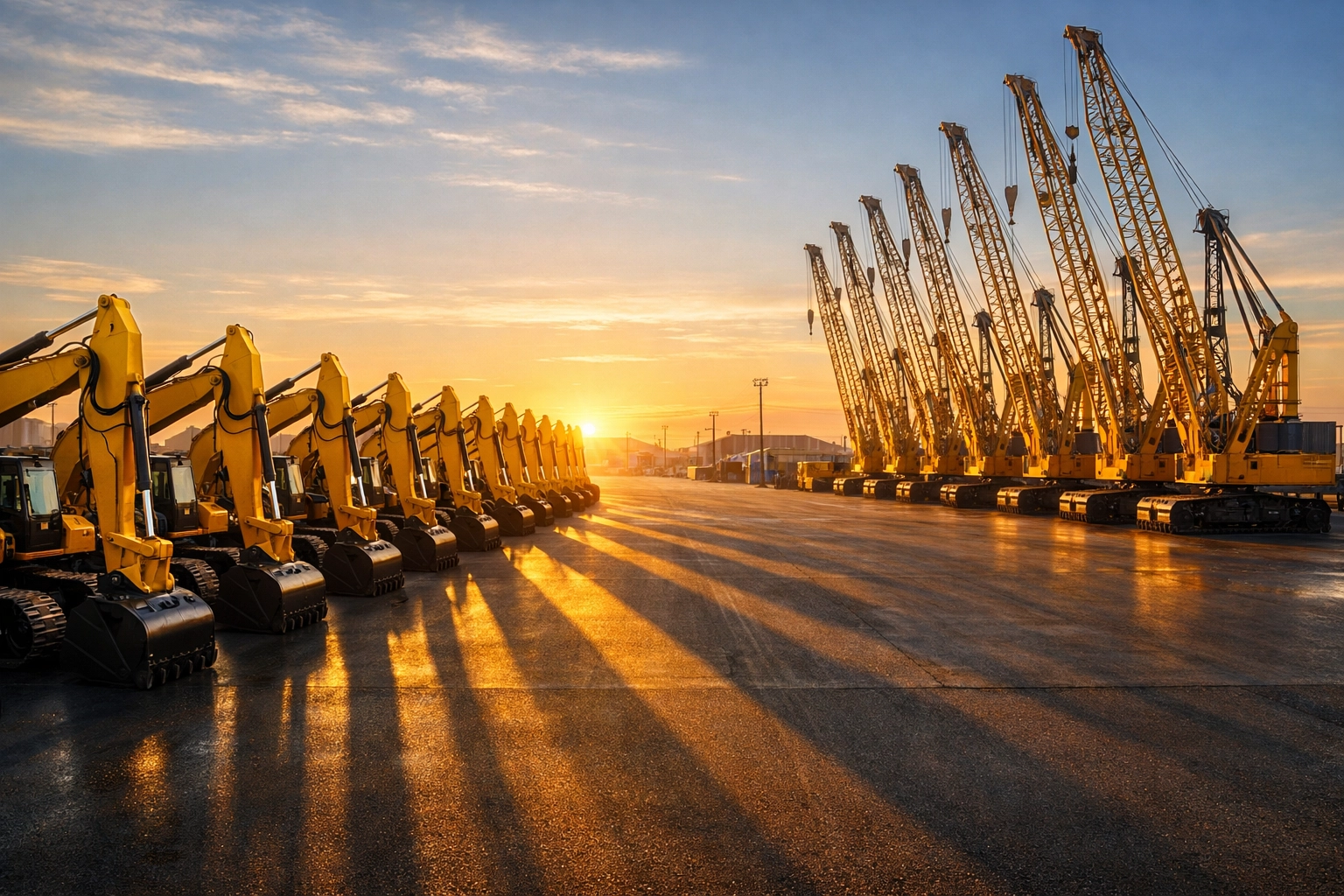 Heavy-duty excavators and industrial cranes lined up in a logistics yard at sunrise.