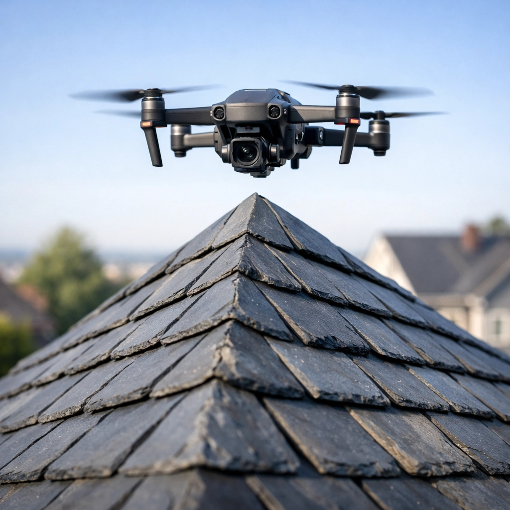 High-tech drone conducting a detailed roof survey for a home in Lisburn, Northern Ireland.