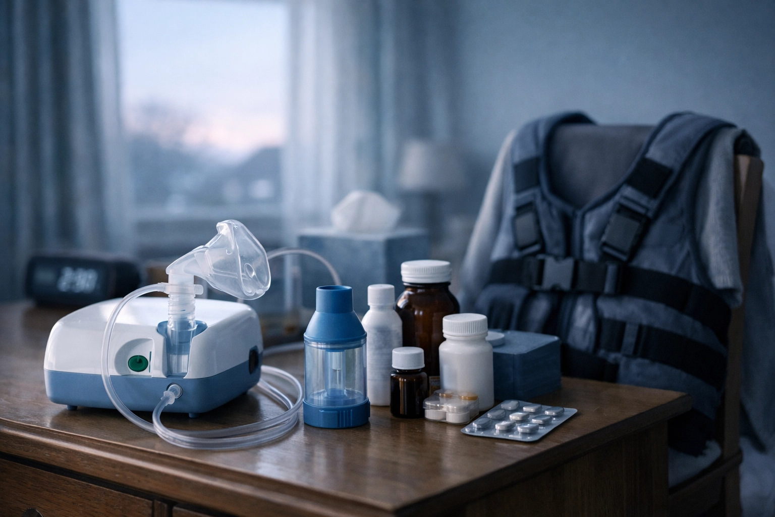Home nebuliser and cystic fibrosis treatment equipment arranged on dresser for daily CF care routine
