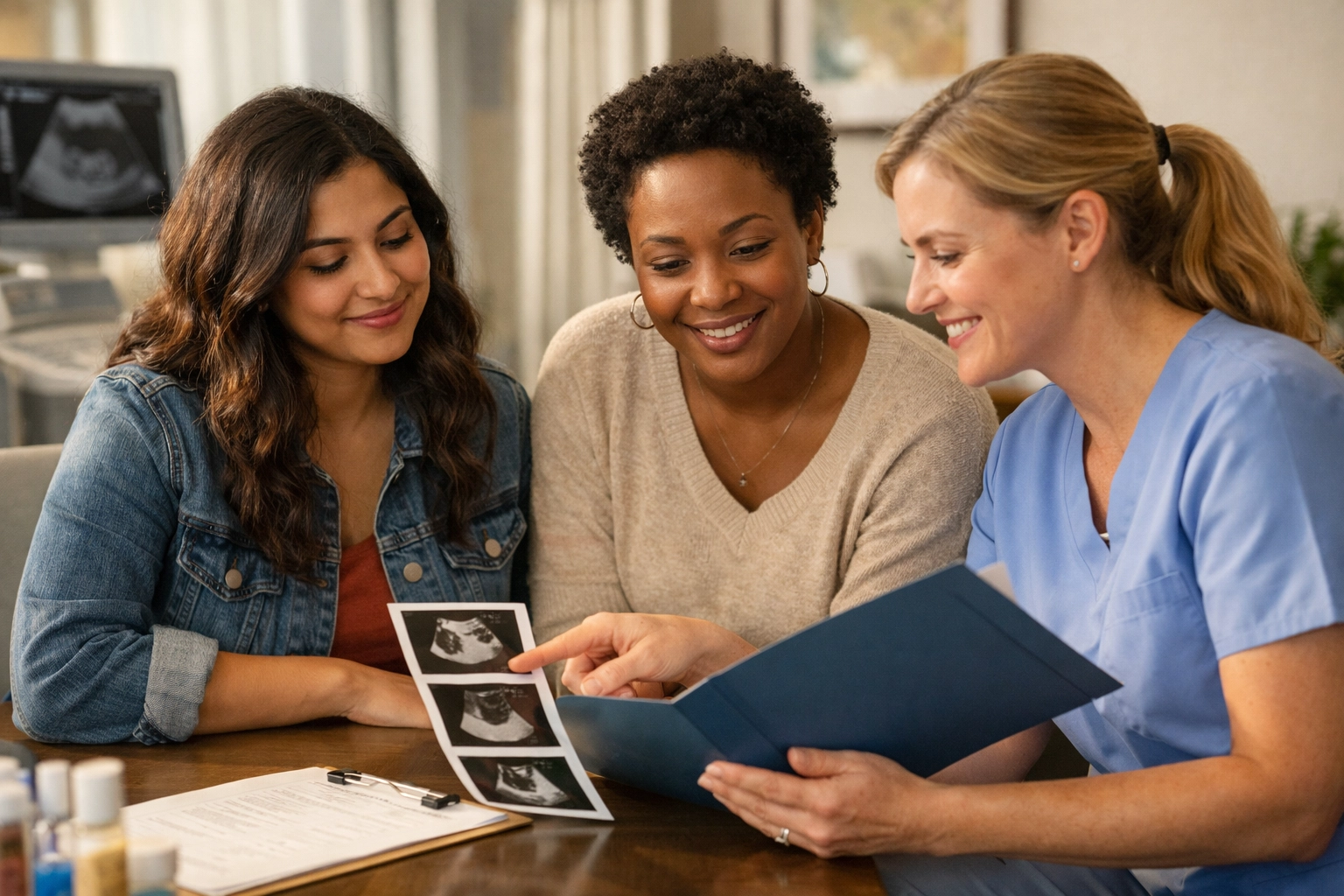 A supportive clinic moment showing next steps in the surrogacy journey, like matching and medical preparation in Georgia.