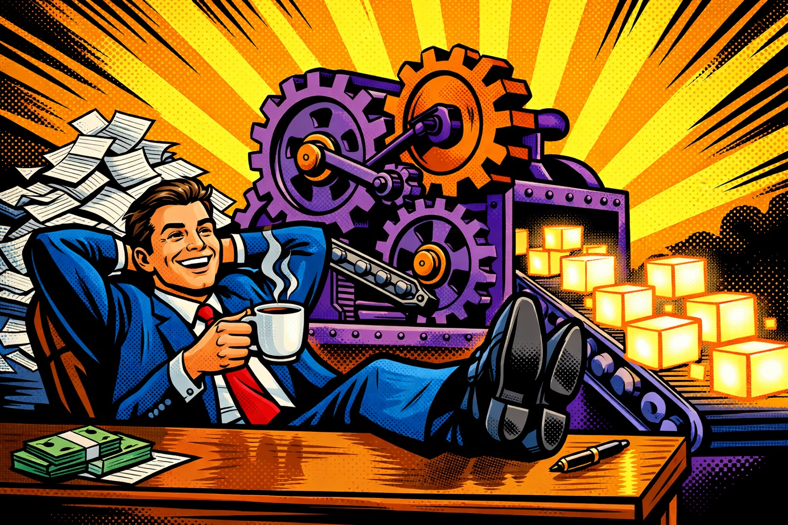 Business owner relaxing while an AI system handles administrative tasks and customer support automation.