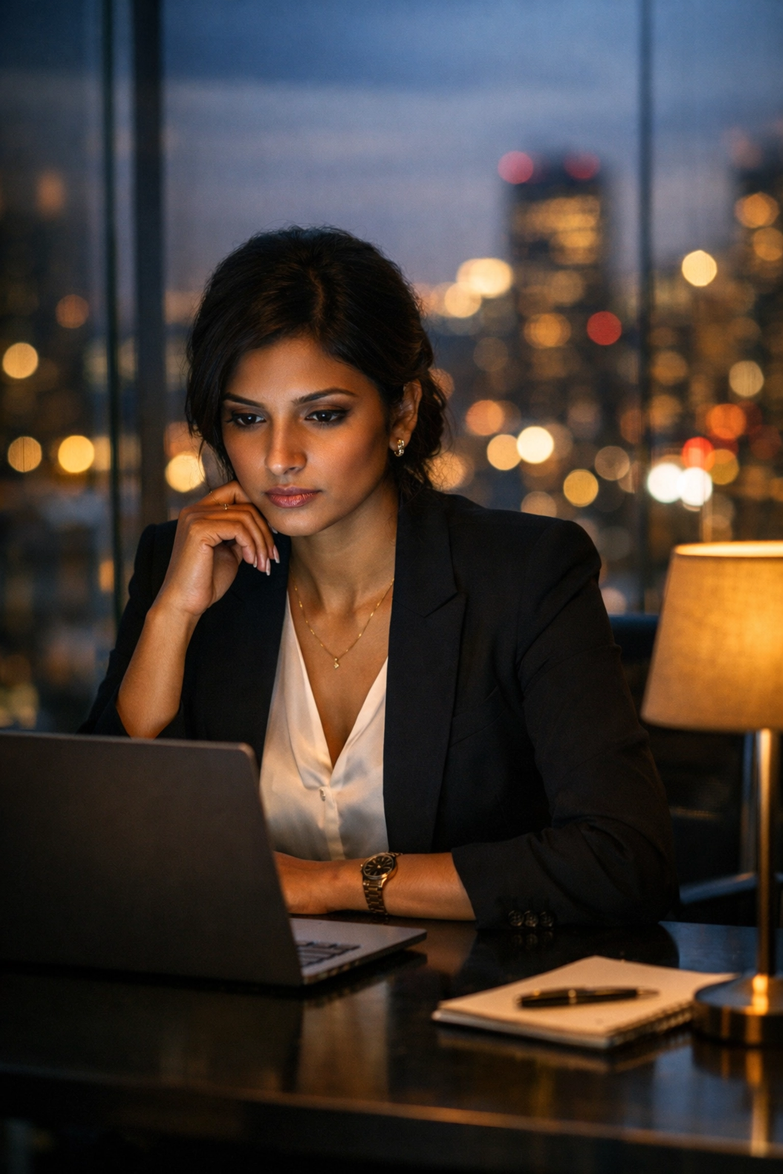 Focused business owner evaluating growth strategies and financial data in a modern city office.