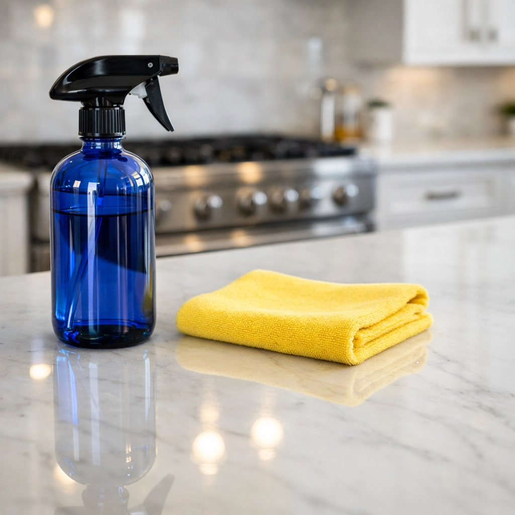 Clean marble kitchen island in a modern home, demonstrating professional residential cleaning in Longmeadow.