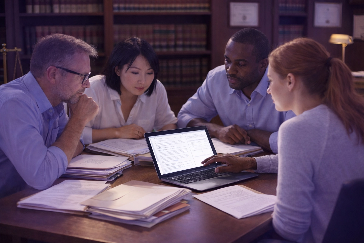 Researchers using an AI assistant on a tablet to organize case data and unlock unrealized business potential.