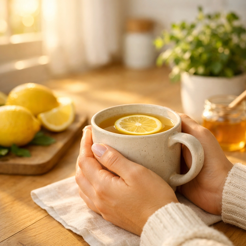 Woman enjoying warm lemon tea during healthy morning routine