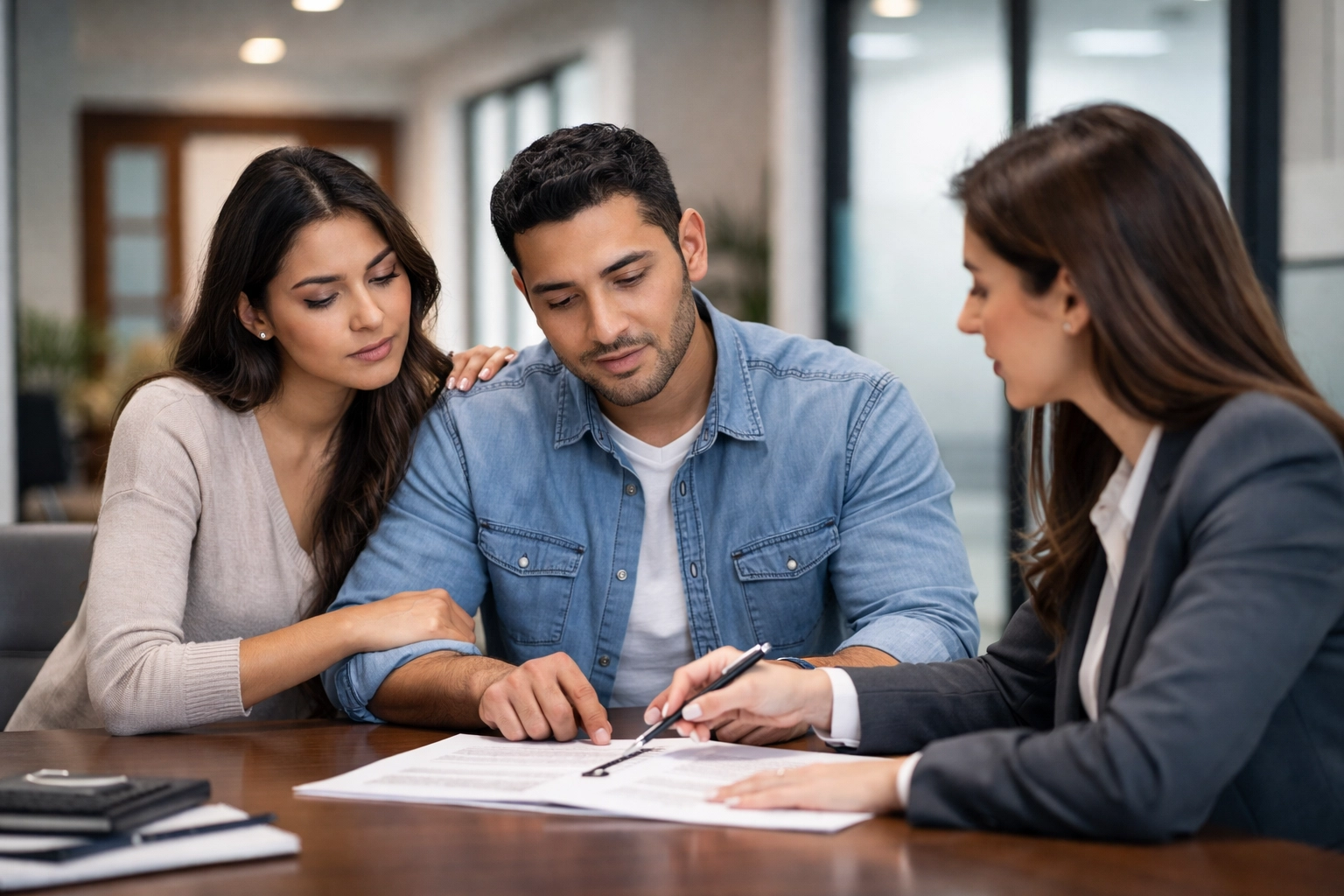 Hispanic father consulting with attorney about enforcing custody rights, family support visible