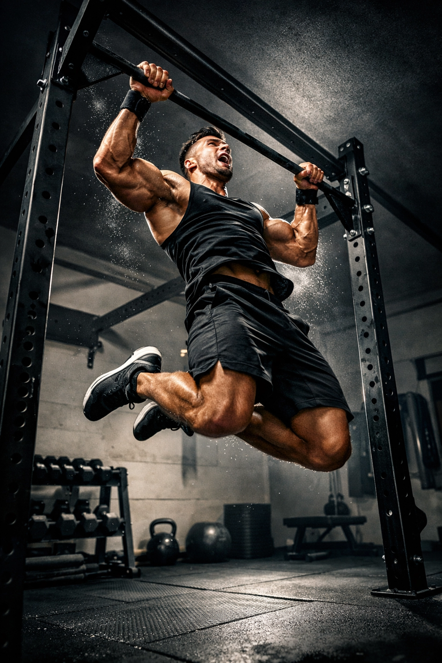 Athlete performing kipping pull-up on floor to ceiling system in CrossFit home gym