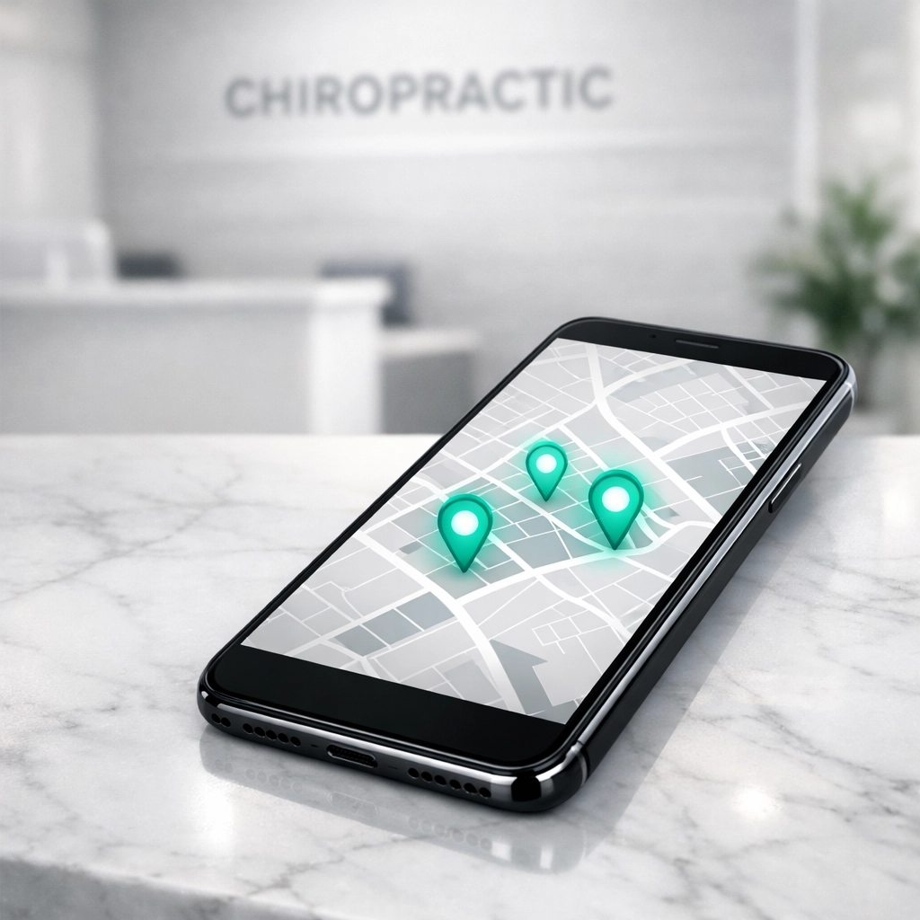 Smartphone displaying local map pins for chiropractic practice SEO in a modern clinic.