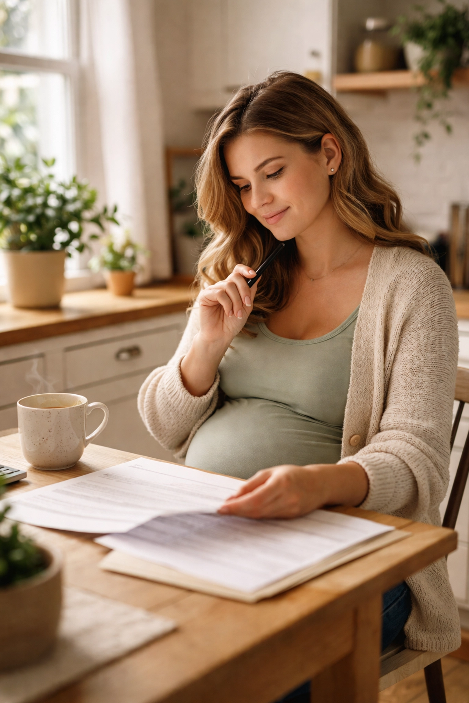 Pregnant surrogate in Oregon reviews compensation paperwork at a sunlit kitchen table, feeling empowered and informed.