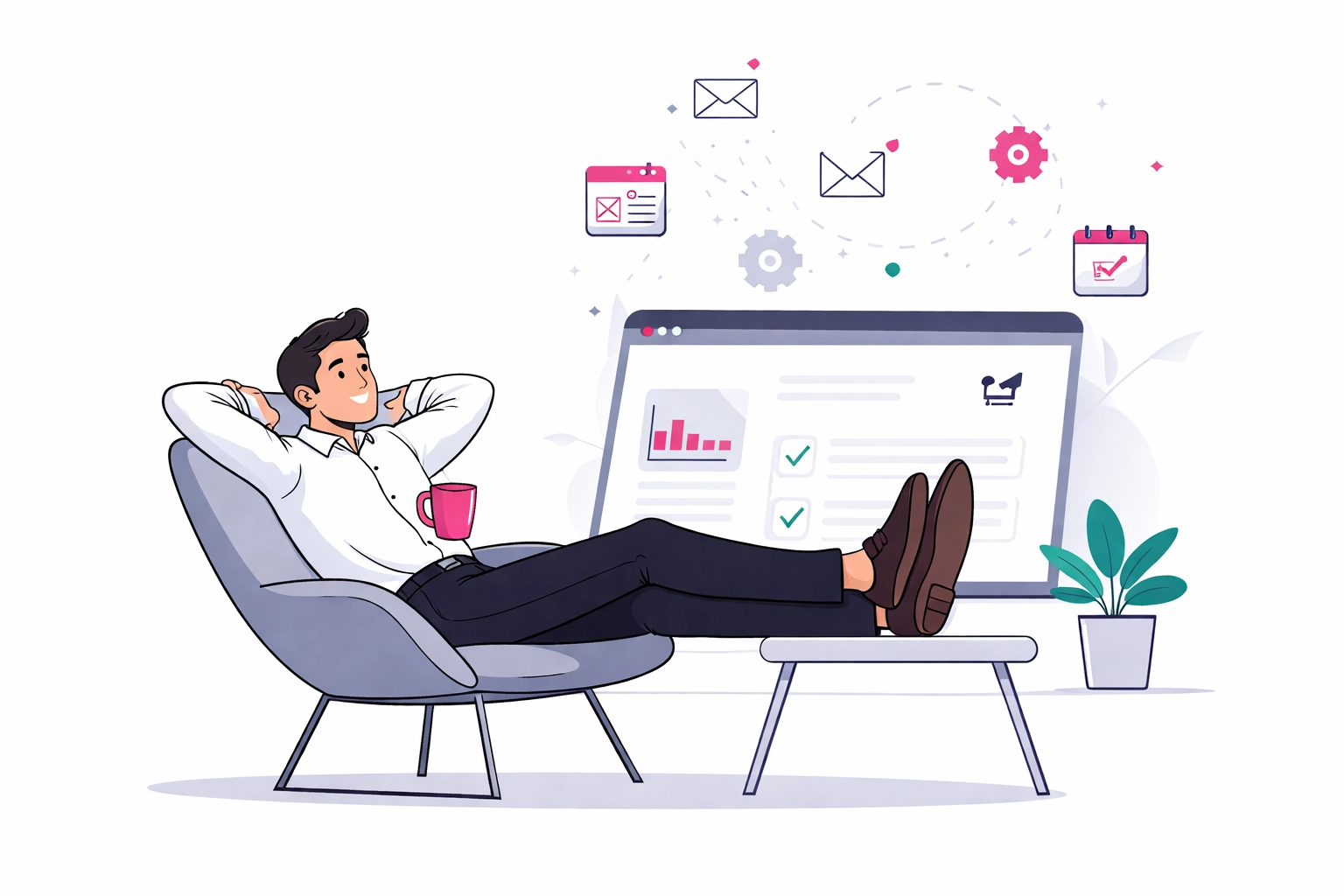 Business owner relaxing while automated lead generation website captures leads