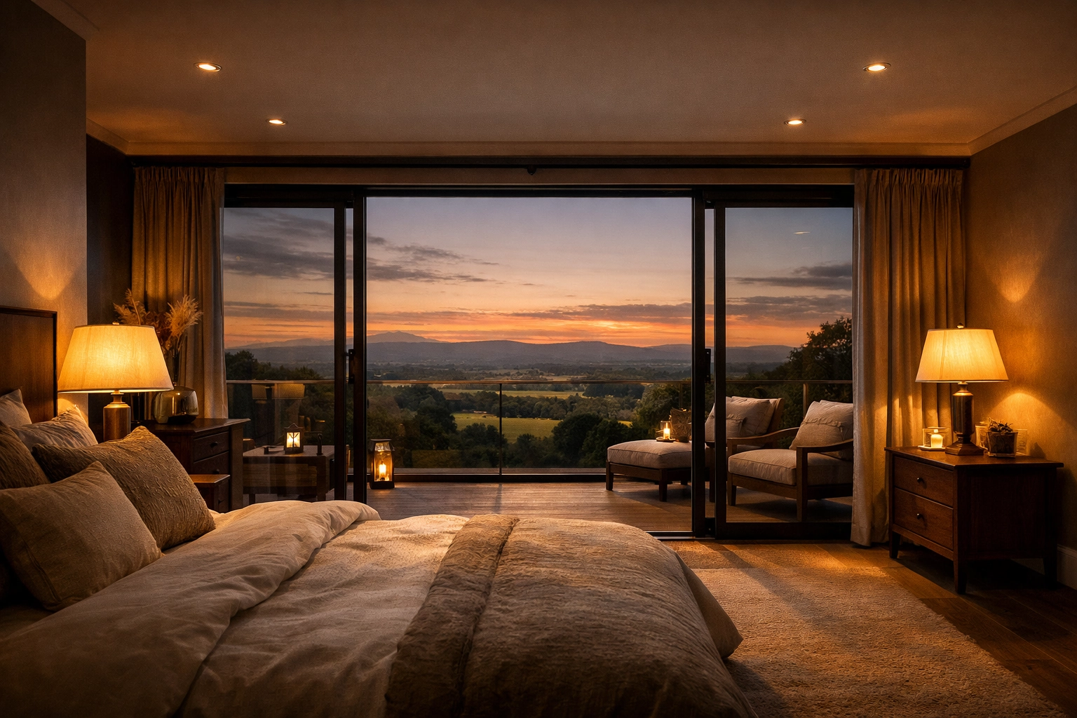 Luxury master bedroom on a new second floor with panoramic views of the West Sussex countryside.