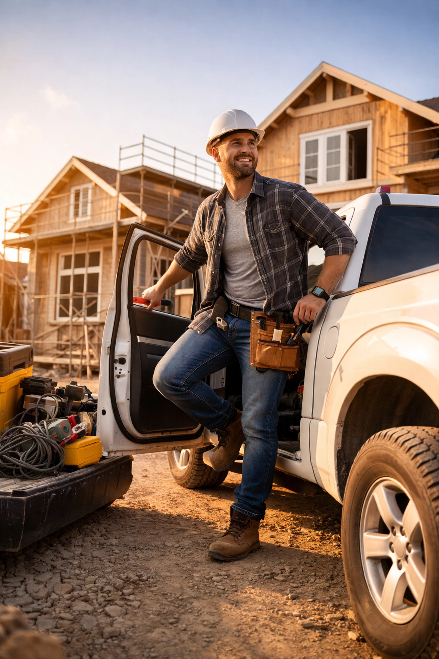 Contractor stepping out of pickup truck at construction site, representing business vehicle exposure in daily operations.