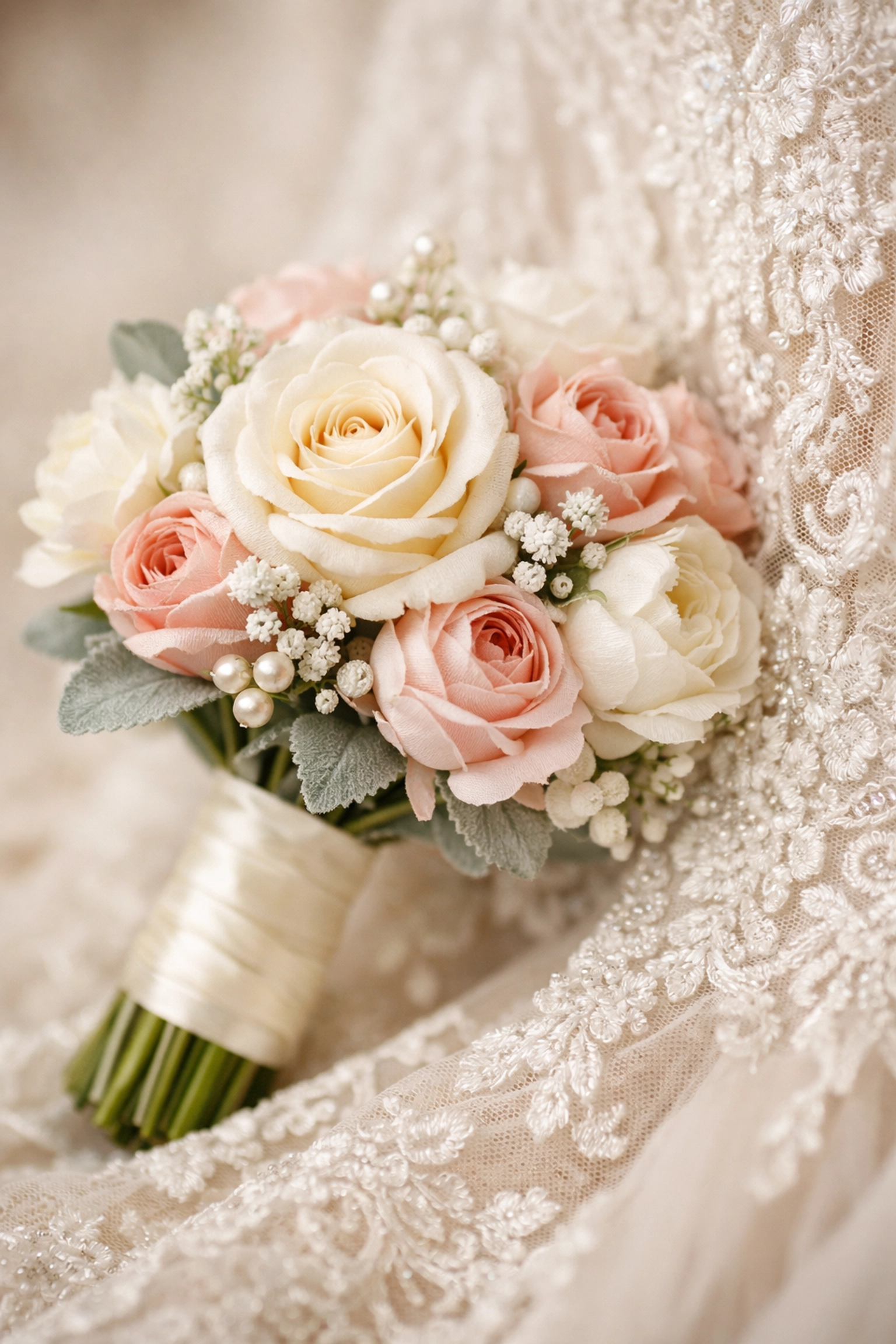 Detailed macro shot of a wedding dress and bouquet showing high-res quality maintained by Pixel-Shrink.com.