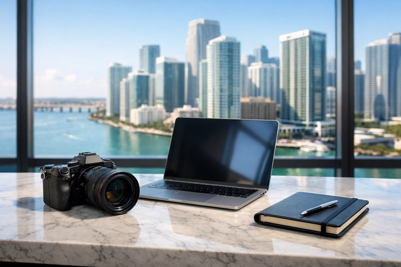 Professional camera and laptop in a Miami high-rise office for a strategic brand photography session.