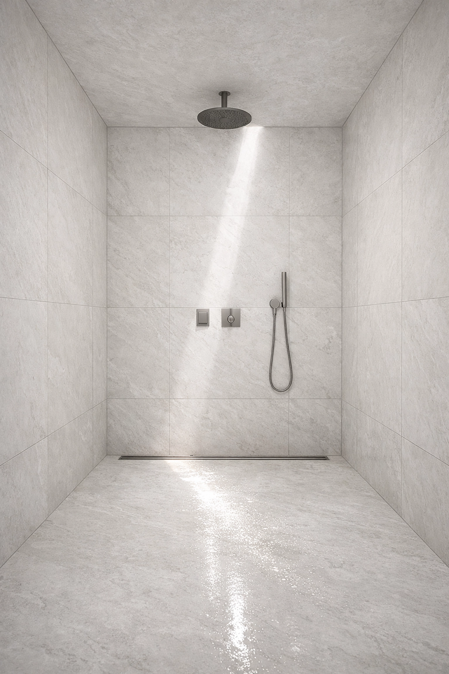 Minimalist walk-in shower with floor-to-ceiling Andean White natural stone wall panels in a luxury spa.