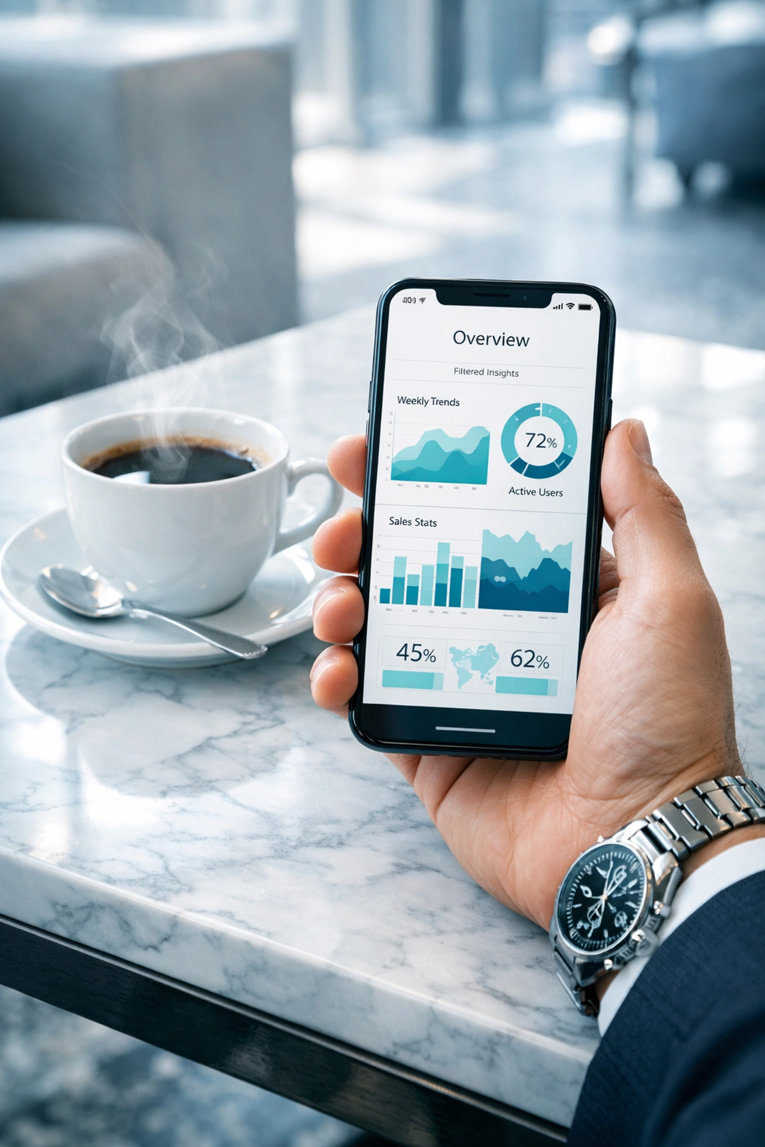 A CEO using a mobile AI dashboard to manage business operations and team coordination effortlessly.