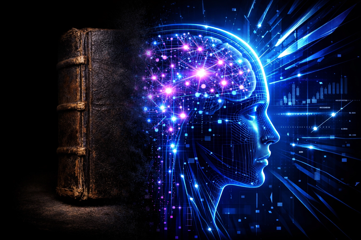 Neon holographic profile showing neural networks and intelligent automation for student industry readiness.