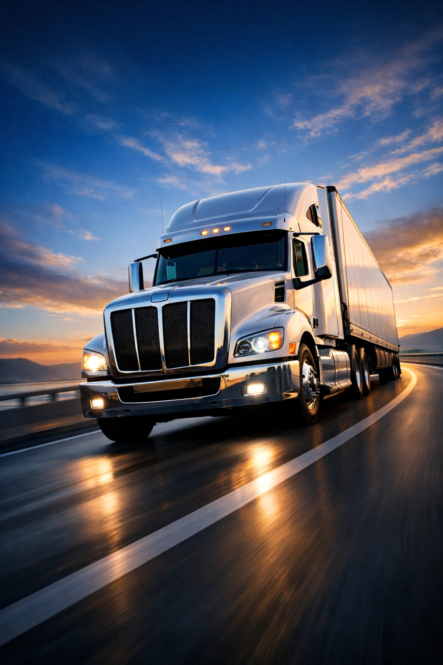 A modern semi-truck transporting freight on an optimized shipping route at dawn.