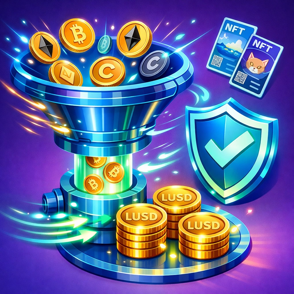 Automatic LUSD stablecoin conversion protecting merchants from crypto price volatility