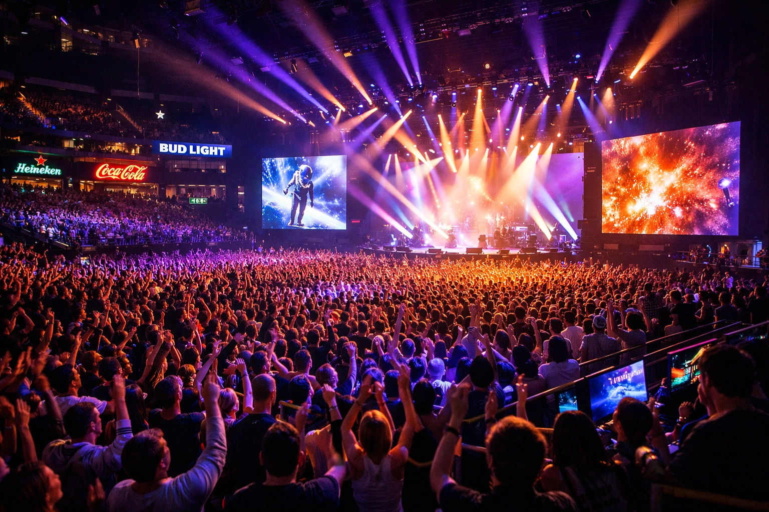 Packed entertainment venue with LED screens and brand activations during live concert