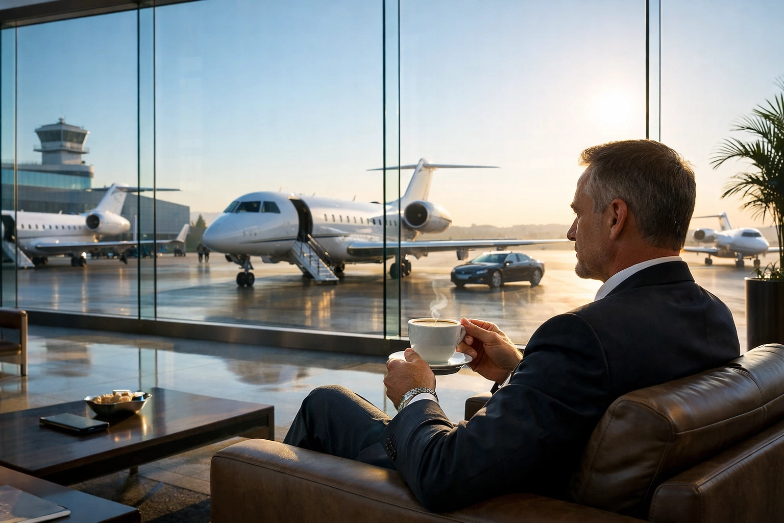 Executive traveler in a private jet terminal lounge overlooking elite corporate aviation logistics.