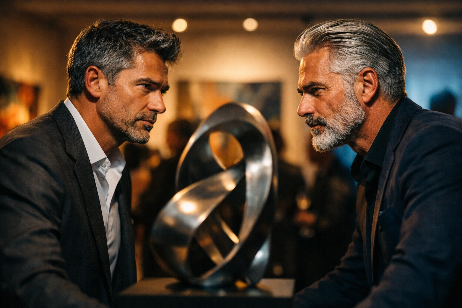 Two distinguished men in their 40s sharing confident eye contact at art gallery - mature gay romance