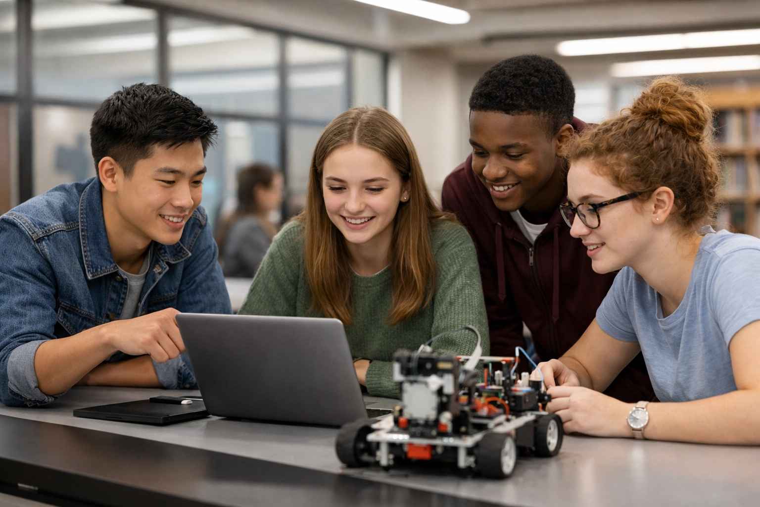 High school students collaborating on digital innovation projects in a modern tech lab.