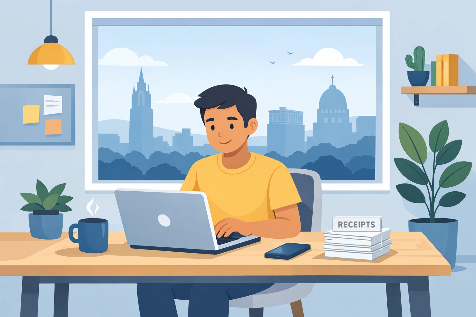 Self-employed professional organizing tax receipts in New Haven home office workspace