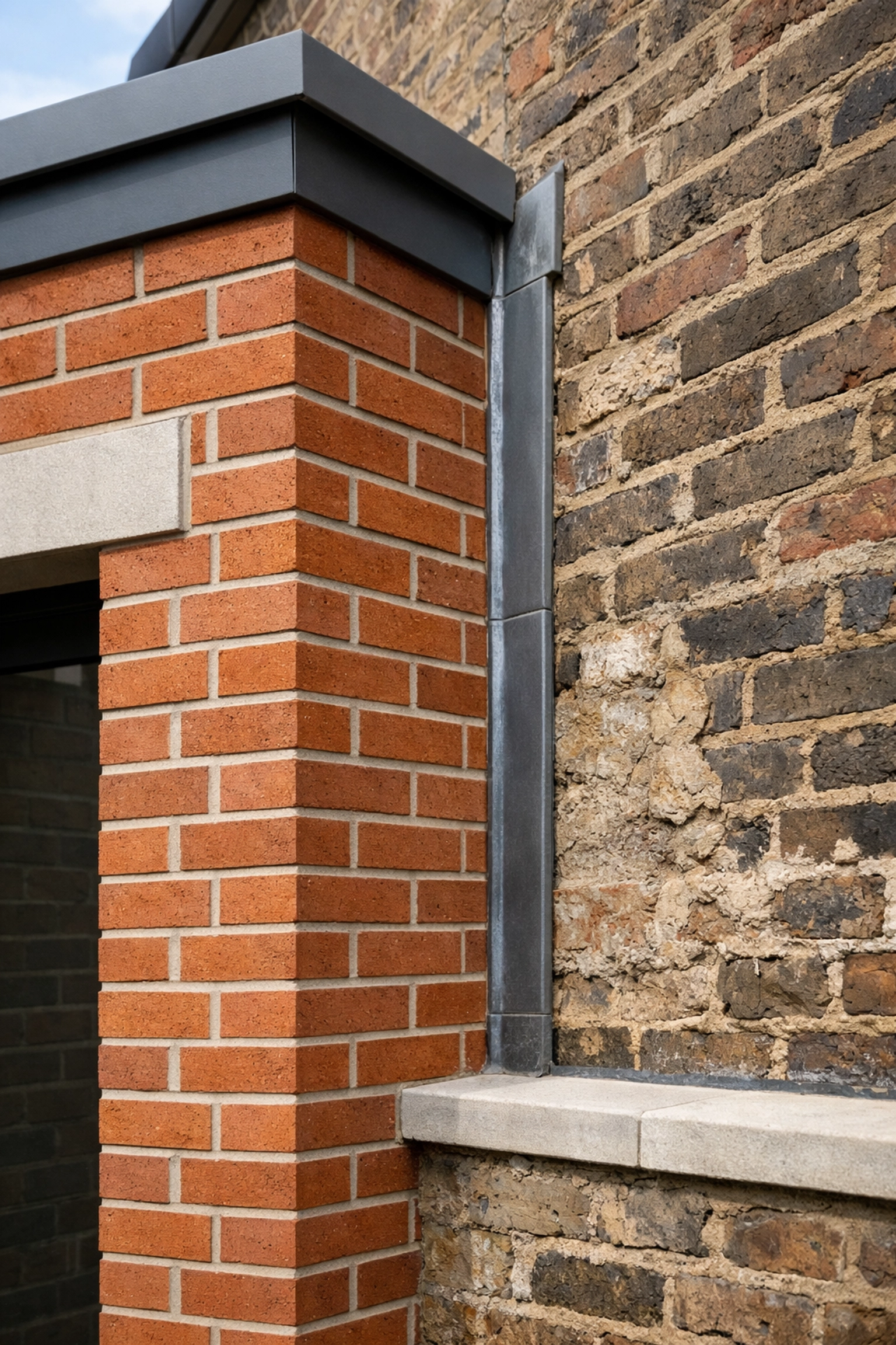 Detailed structural masonry at a party wall junction for a professional HMO extension project.