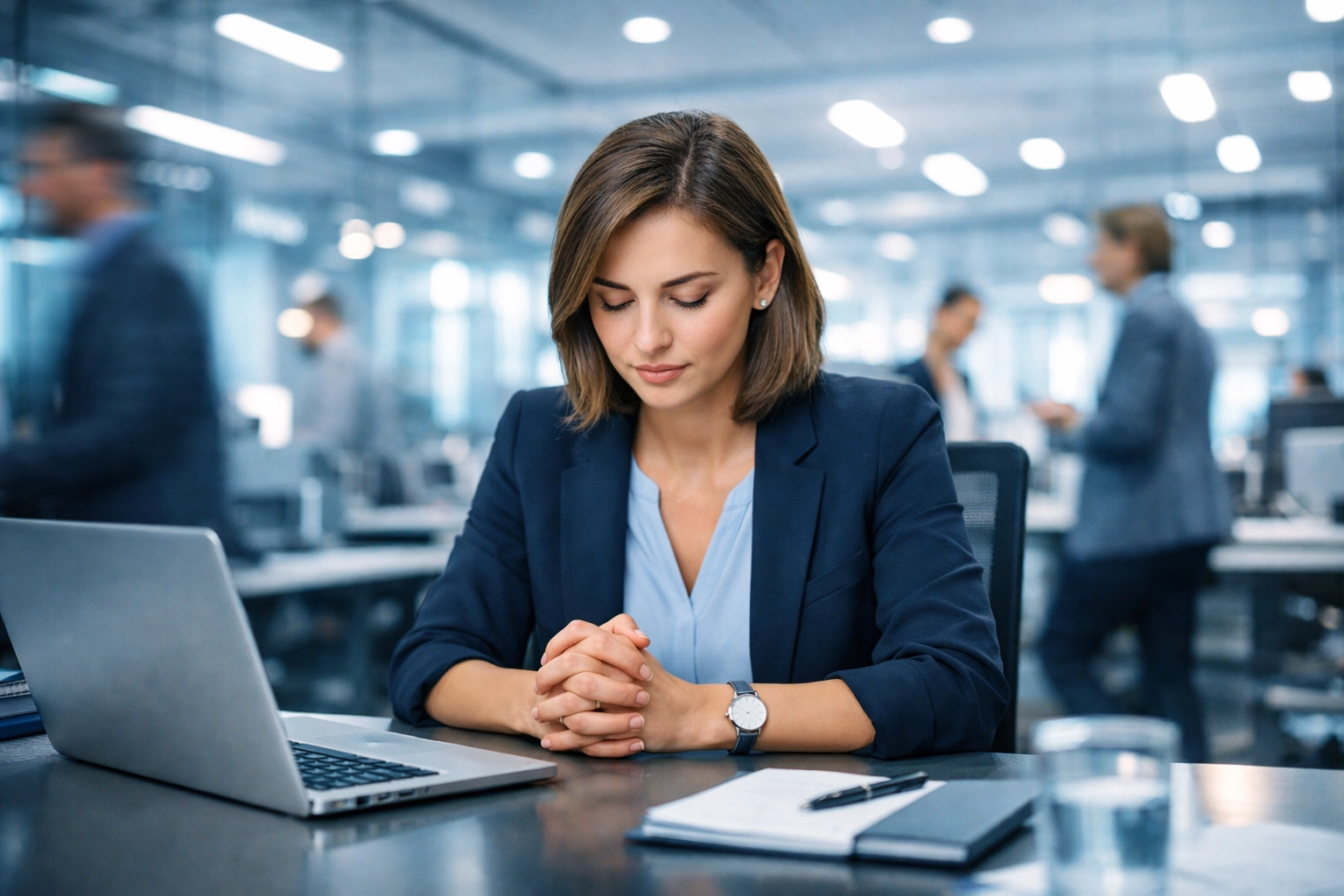 A professional woman taking a quiet moment to pray at her office desk, showing how to talk to God during a busy day.