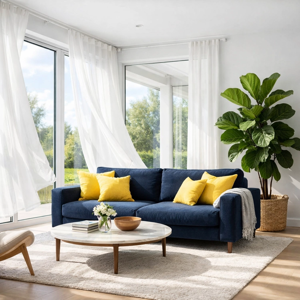 Bright living room in Leominster MA showing fresh air quality after eco-friendly house cleaning services.